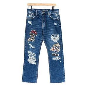 Zara Distressed High Rise Jeans With Sequin Patches Raw Hem Women’s Size 4 NWT